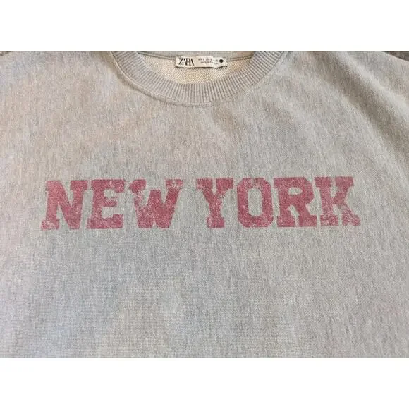 Zara Pullover Sweatshirt NEW YORK Graphic Print - Size Small, Made In Portugal - Picture 5 of 10